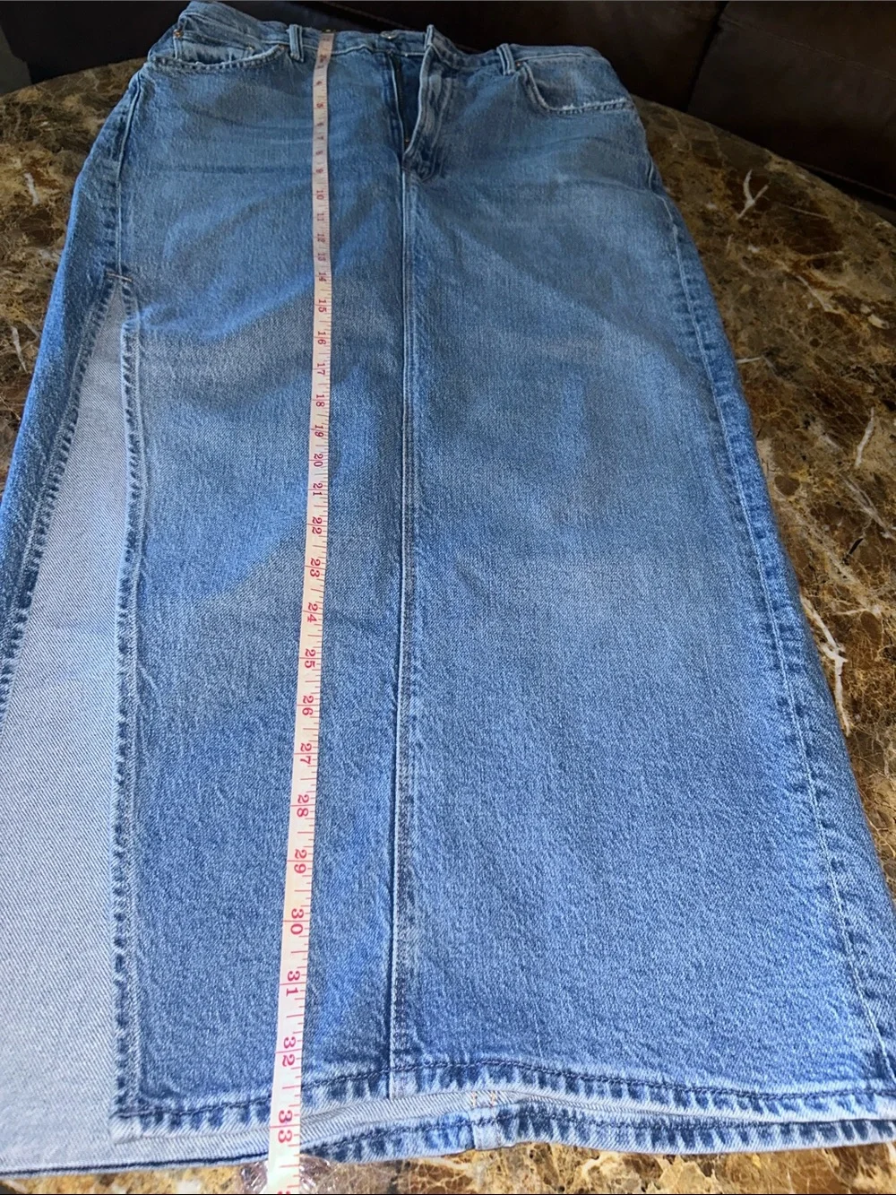 Mother the split second Classic Blue Denim Midi Skirt high diagonal front slit